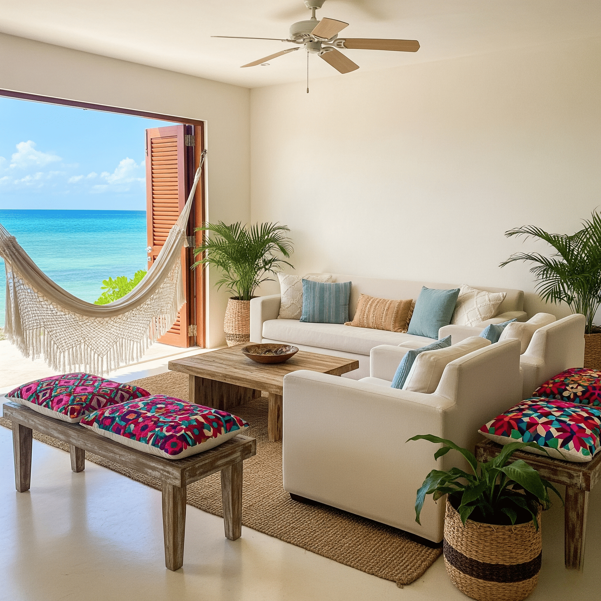 Hamaca artesanal y mobiliario cómodo para casa de playa