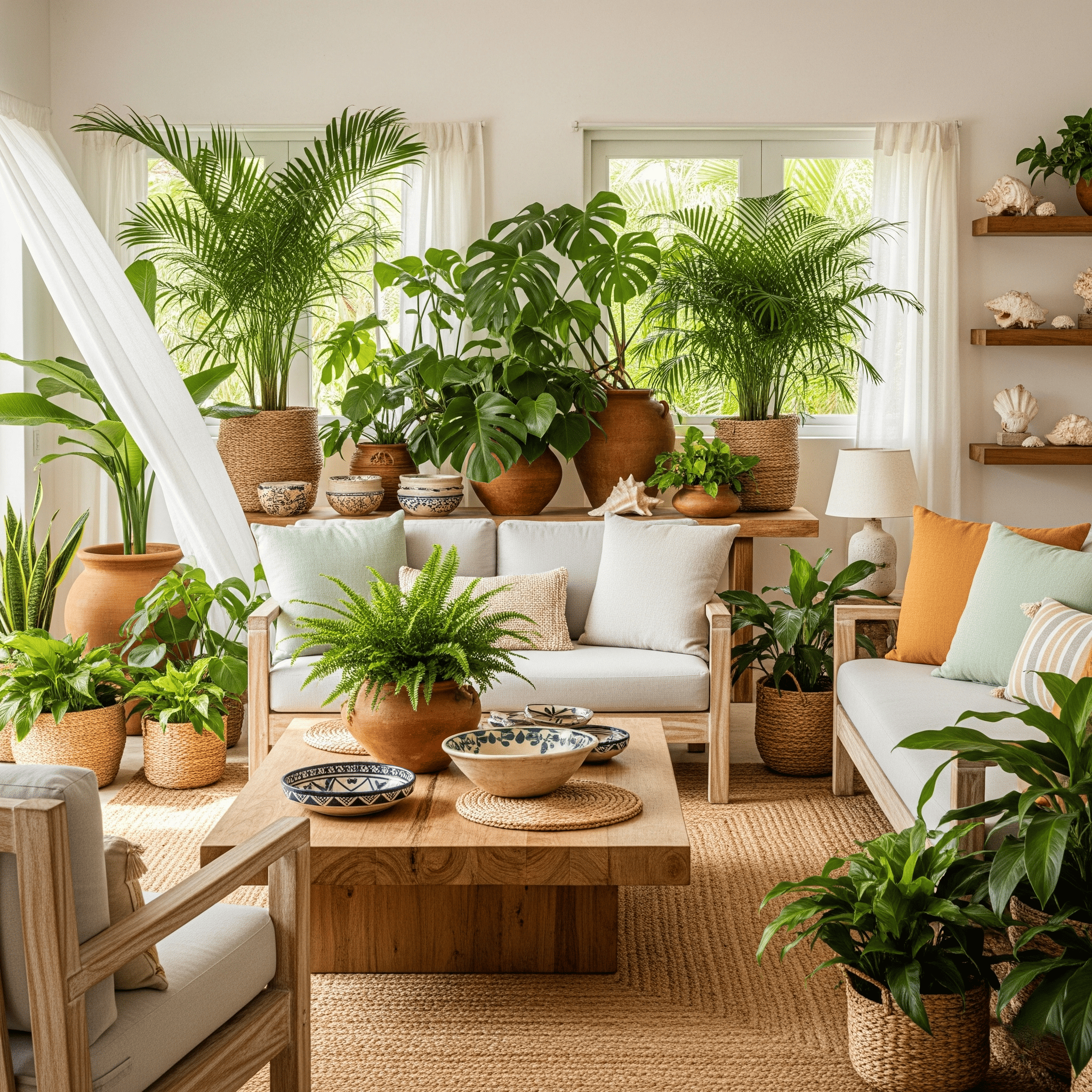 Plantas tropicales como areca y helechos en interiores costeros
