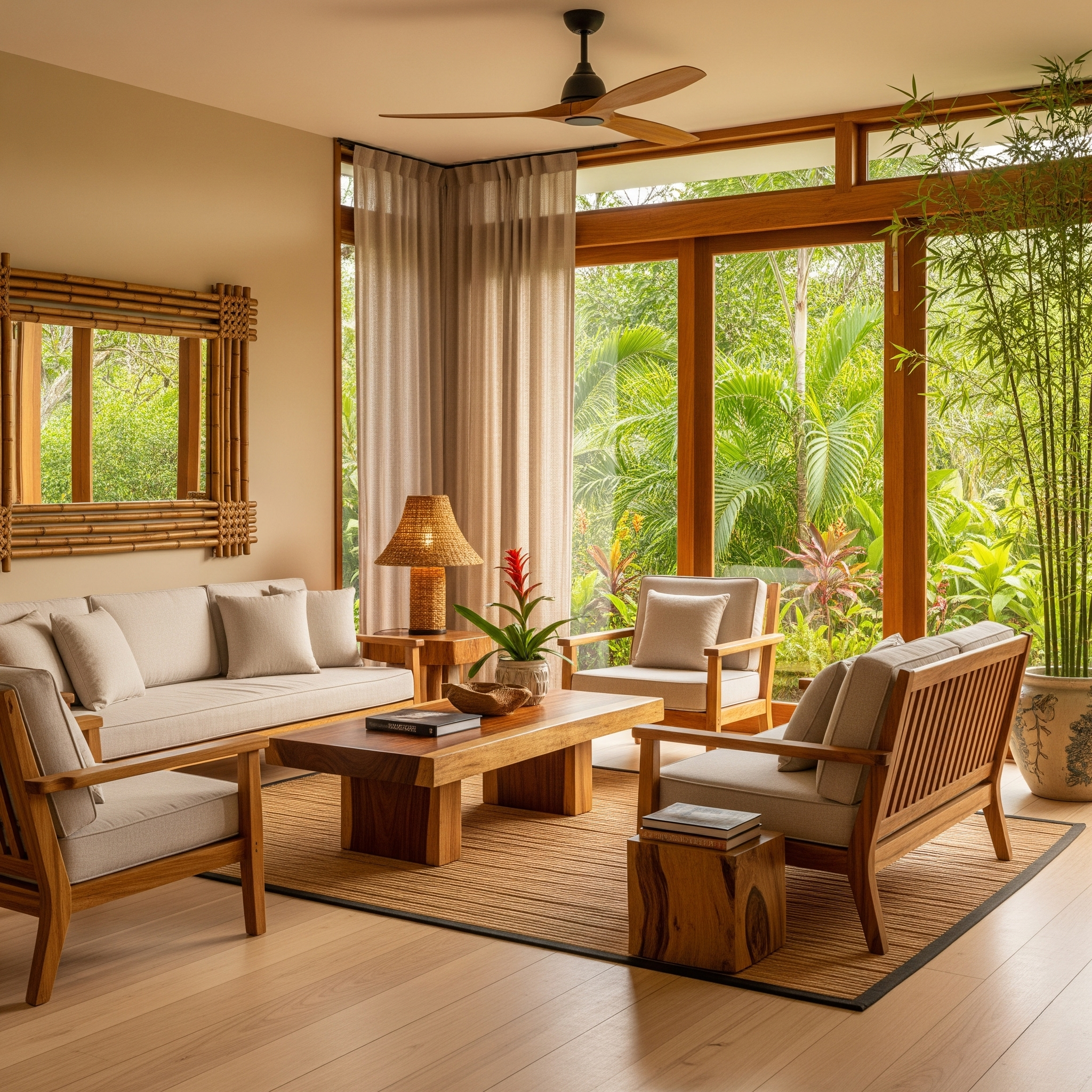 Madera tzalam y bambú en interiores tropicales