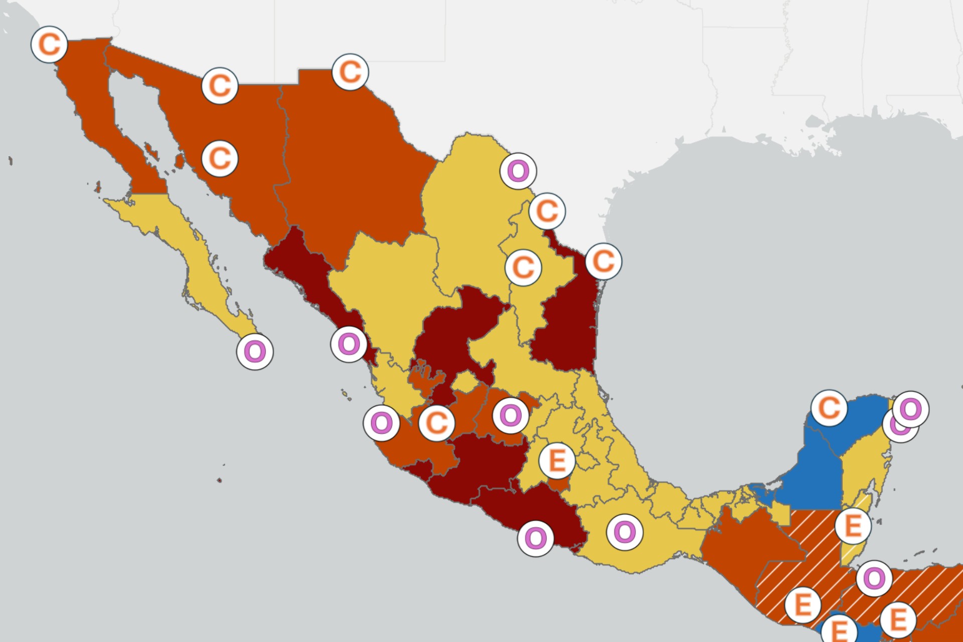 Mapa de la alerta de viaje de Estados Unidos para México, agosto 2025